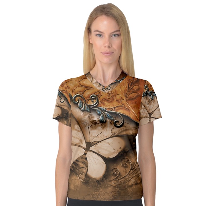 Wonderful Floral Design With Butterflies V-Neck Sport Mesh Tee