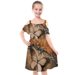 Wonderful Floral Design With Butterflies Kids  Cut Out Shoulders Chiffon Dress