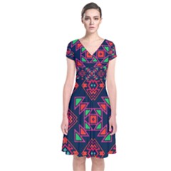 Rhombus Squares And Triangle                                                  Short Sleeve Front Wrap Dress