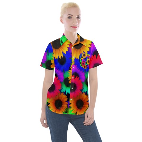 Colorful Sunflowers                                                 Women s Short Sleeve Pocket Shirt by LalyLauraFLM