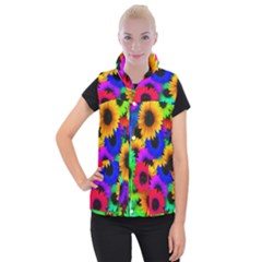 Colorful Sunflowers                                                Women s Button Up Puffer Vest by LalyLauraFLM