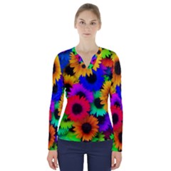 Colorful sunflowers                                                    V-Neck Long Sleeve Top