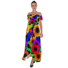 Colorful sunflowers                                                   Off Shoulder Open Front Chiffon Dress