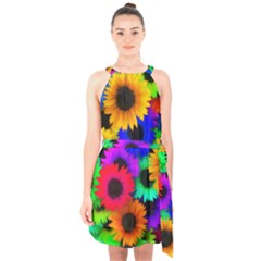 Colorful sunflowers                                                 Halter Collar Waist Tie Chiffon Dress