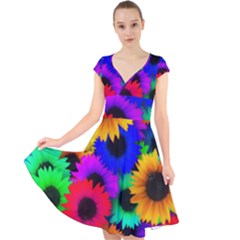 Colorful sunflowers                                                     Cap Sleeve Front Wrap Midi Dress