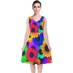 Colorful sunflowers                                                  V-Neck Midi Sleeveless Dress