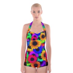 Colorful sunflowers                                                          Boyleg Halter Swimsuit