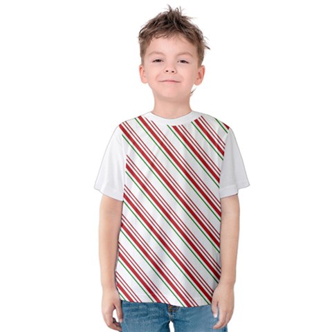 White Candy Cane Pattern With Red And Thin Green Festive Christmas Stripes Kids  Cotton Tee by genx