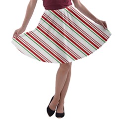 White Candy Cane Pattern With Red And Thin Green Festive Christmas Stripes A-line Skater Skirt by genx