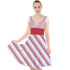 White Candy Cane Pattern With Red And Thin Green Festive Christmas Stripes Cap Sleeve Front Wrap Midi Dress by genx