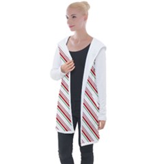 White Candy Cane Pattern With Red And Thin Green Festive Christmas Stripes Longline Hooded Cardigan by genx