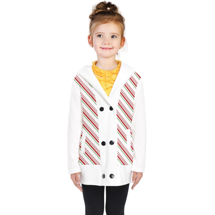 White Candy Cane Pattern with Red and Thin Green Festive Christmas Stripes Kids  Double Breasted Button Coat