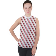 White Candy Cane Pattern With Red And Thin Green Festive Christmas Stripes Mock Neck Chiffon Sleeveless Top by genx