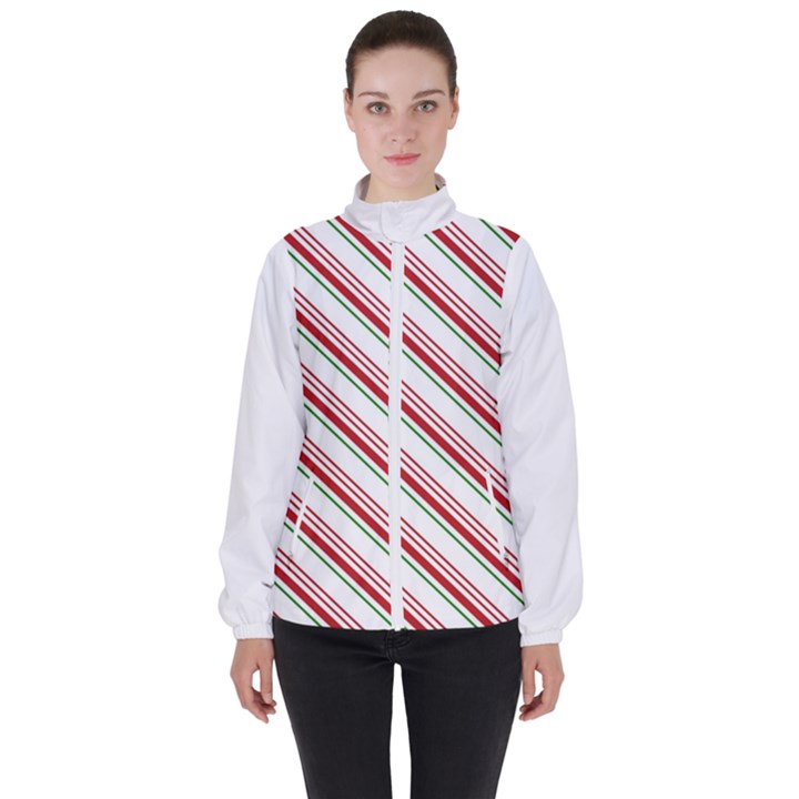 White Candy Cane Pattern with Red and Thin Green Festive Christmas Stripes Women s High Neck Windbreaker