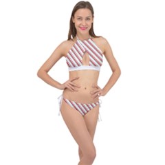 White Candy Cane Pattern With Red And Thin Green Festive Christmas Stripes Cross Front Halter Bikini Set by genx