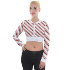 White Candy Cane Pattern With Red And Thin Green Festive Christmas Stripes Long Sleeve Cropped Velvet Jacket by genx