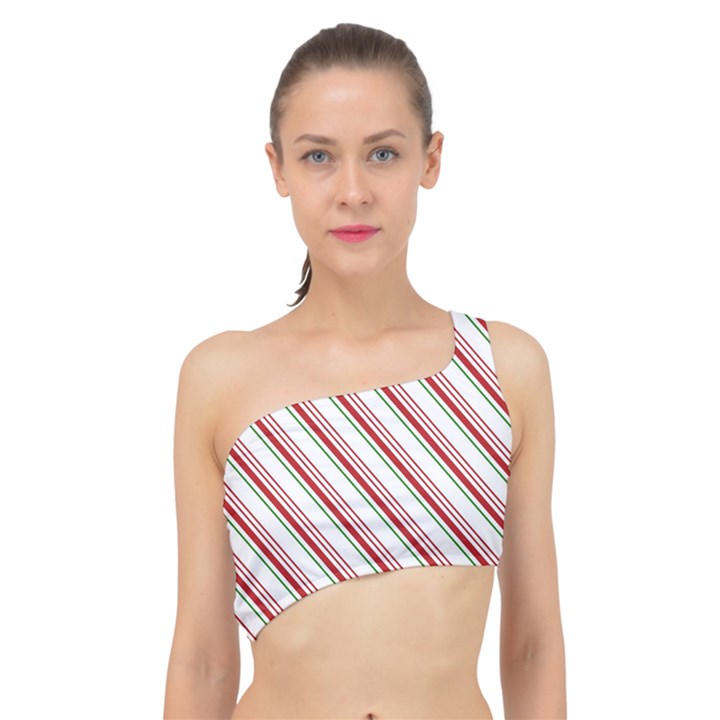 White Candy Cane Pattern with Red and Thin Green Festive Christmas Stripes Spliced Up Bikini Top 