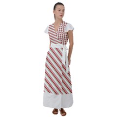 White Candy Cane Pattern With Red And Thin Green Festive Christmas Stripes Flutter Sleeve Maxi Dress by genx