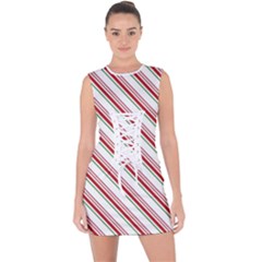 White Candy Cane Pattern With Red And Thin Green Festive Christmas Stripes Lace Up Front Bodycon Dress by genx