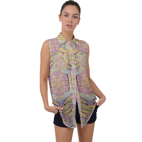 Temple Of Wood With A Touch Of Japan Sleeveless Chiffon Button Shirt by pepitasart