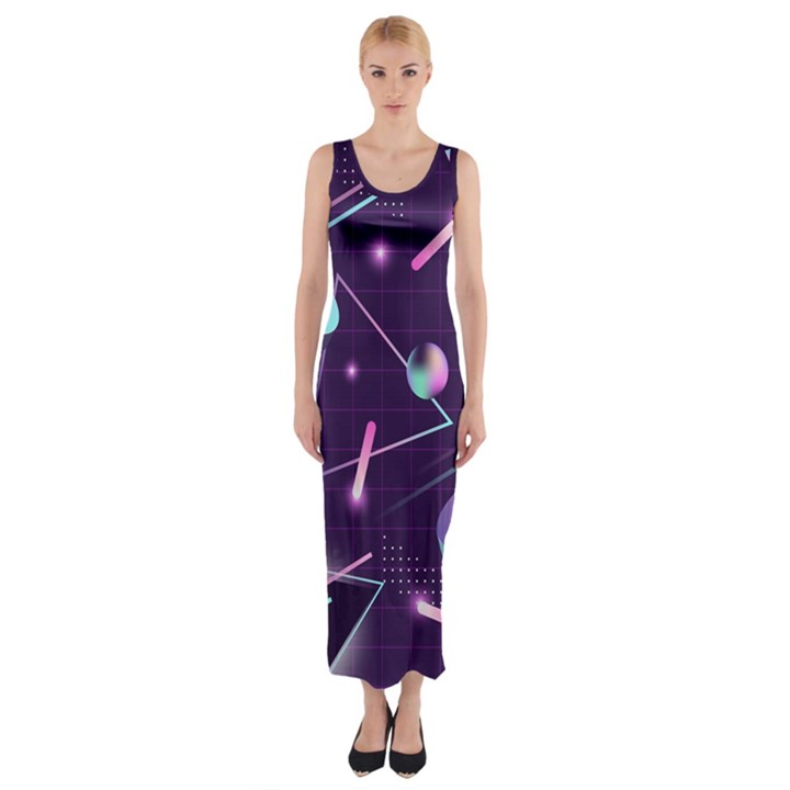 Retrowave Aesthetic vaporwave retro memphis pattern 80s design geometrical shapes futurist pink blue 3D Fitted Maxi Dress