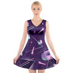 Retrowave Aesthetic Vaporwave Retro Memphis Pattern 80s Design Geometrical Shapes Futurist Pink Blue 3d V-neck Sleeveless Dress by genx