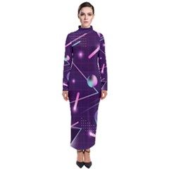 Retrowave Aesthetic Vaporwave Retro Memphis Pattern 80s Design Geometrical Shapes Futurist Pink Blue 3d Turtleneck Maxi Dress by genx