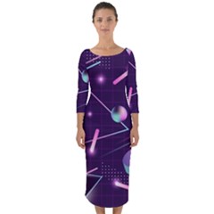 Retrowave Aesthetic Vaporwave Retro Memphis Pattern 80s Design Geometrical Shapes Futurist Pink Blue 3d Quarter Sleeve Midi Bodycon Dress by genx