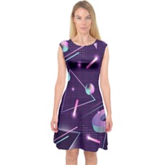 Retrowave Aesthetic Vaporwave Retro Memphis Pattern 80s Design Geometrical Shapes Futurist Pink Blue 3d Capsleeve Midi Dress by genx