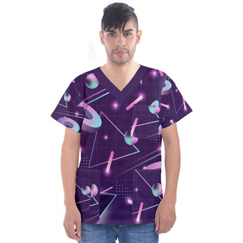 Retrowave Aesthetic Vaporwave Retro Memphis Pattern 80s Design Geometrical Shapes Futurist Pink Blue 3d Men s V-neck Scrub Top by genx