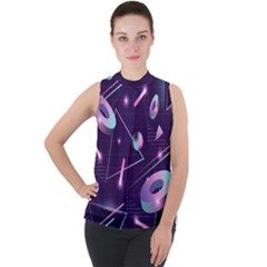 Retrowave Aesthetic Vaporwave Retro Memphis Pattern 80s Design Geometrical Shapes Futurist Pink Blue 3d Mock Neck Chiffon Sleeveless Top by genx