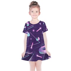 Retrowave Aesthetic Vaporwave Retro Memphis Pattern 80s Design Geometrical Shapes Futurist Pink Blue 3d Kids  Simple Cotton Dress by genx