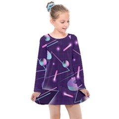 Retrowave Aesthetic Vaporwave Retro Memphis Pattern 80s Design Geometrical Shapes Futurist Pink Blue 3d Kids  Long Sleeve Dress by genx