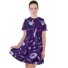 Retrowave Aesthetic Vaporwave Retro Memphis Pattern 80s Design Geometrical Shapes Futurist Pink Blue 3d Short Sleeve Shoulder Cut Out Dress  by genx