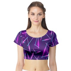 Retrowave Aesthetic Vaporwave Retro Memphis Pattern 80s Design Geometric Shapes Futurist Purple Pink Blue Neon Light Short Sleeve Crop Top by genx