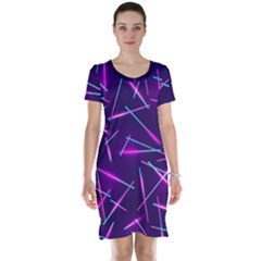 Retrowave Aesthetic Vaporwave Retro Memphis Pattern 80s Design Geometric Shapes Futurist Purple Pink Blue Neon Light Short Sleeve Nightdress by genx