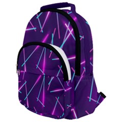 Retrowave Aesthetic Vaporwave Retro Memphis Pattern 80s Design Geometric Shapes Futurist Purple Pink Blue Neon Light Rounded Multi Pocket Backpack by genx