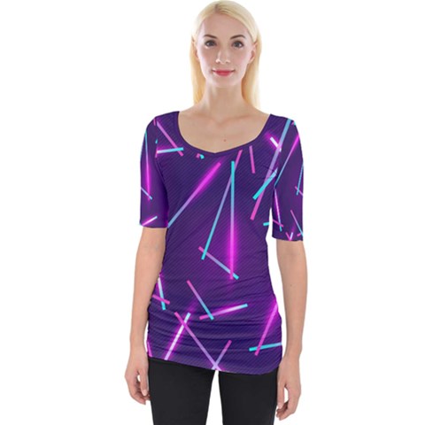 Retrowave Aesthetic Vaporwave Retro Memphis Pattern 80s Design Geometric Shapes Futurist Purple Pink Blue Neon Light Wide Neckline Tee by genx