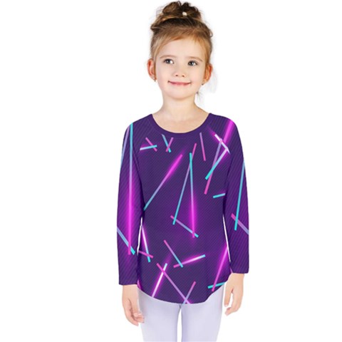 Retrowave Aesthetic Vaporwave Retro Memphis Pattern 80s Design Geometric Shapes Futurist Purple Pink Blue Neon Light Kids  Long Sleeve Tee by genx