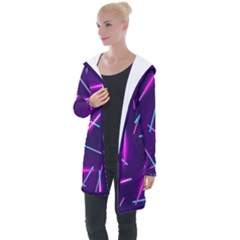 Retrowave Aesthetic Vaporwave Retro Memphis Pattern 80s Design Geometric Shapes Futurist Purple Pink Blue Neon Light Longline Hooded Cardigan by genx