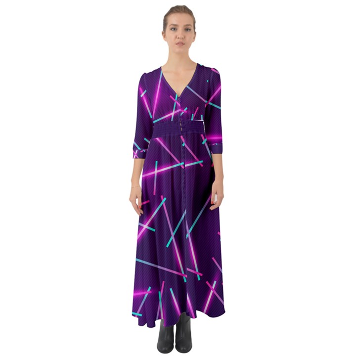 Retrowave Aesthetic vaporwave retro memphis pattern 80s design geometric shapes futurist purple pink blue neon light Button Up Boho Maxi Dress