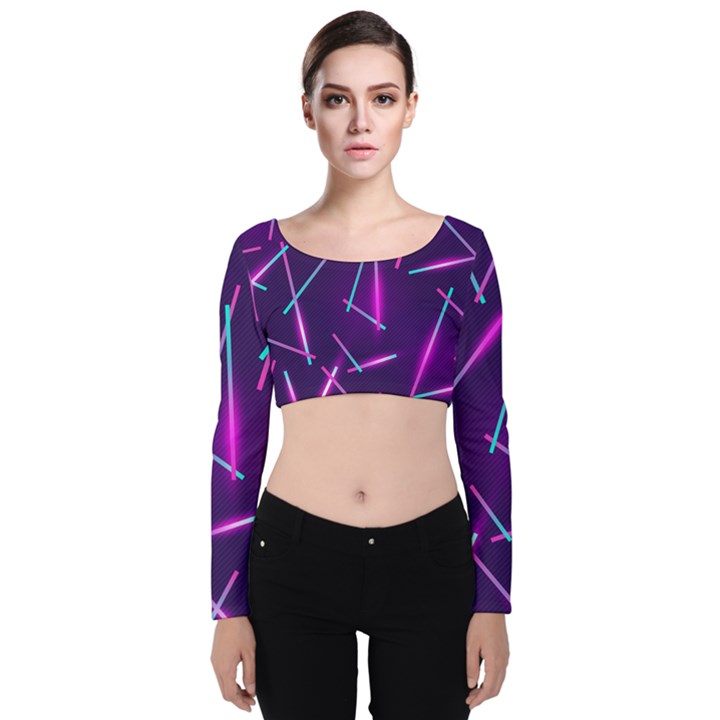 Retrowave Aesthetic vaporwave retro memphis pattern 80s design geometric shapes futurist purple pink blue neon light Velvet Long Sleeve Crop Top