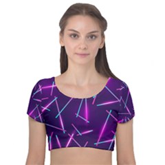 Retrowave Aesthetic Vaporwave Retro Memphis Pattern 80s Design Geometric Shapes Futurist Purple Pink Blue Neon Light Velvet Short Sleeve Crop Top  by genx