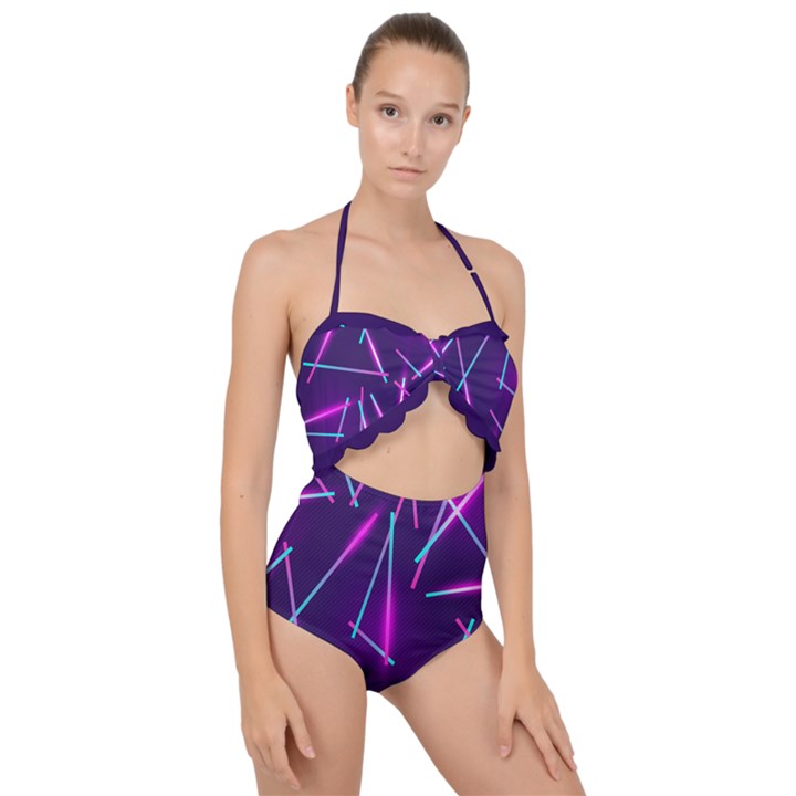 Retrowave Aesthetic vaporwave retro memphis pattern 80s design geometric shapes futurist purple pink blue neon light Scallop Top Cut Out Swimsuit