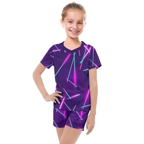 Retrowave Aesthetic Vaporwave Retro Memphis Pattern 80s Design Geometric Shapes Futurist Purple Pink Blue Neon Light Kids  Mesh Tee And Shorts Set by genx