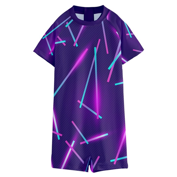 Retrowave Aesthetic vaporwave retro memphis pattern 80s design geometric shapes futurist purple pink blue neon light Kids  Boyleg Half Suit Swimwear