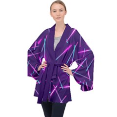 Retrowave Aesthetic Vaporwave Retro Memphis Pattern 80s Design Geometric Shapes Futurist Purple Pink Blue Neon Light Long Sleeve Velvet Kimono  by genx