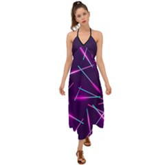 Retrowave Aesthetic Vaporwave Retro Memphis Pattern 80s Design Geometric Shapes Futurist Purple Pink Blue Neon Light Halter Tie Back Dress  by genx