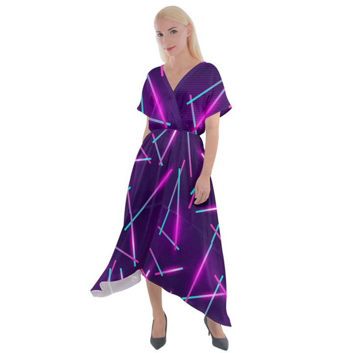 Retrowave Aesthetic vaporwave retro memphis pattern 80s design geometric shapes futurist purple pink blue neon light Cross Front Sharkbite Hem Maxi Dress