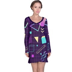 Retrowave Aesthetic Vaporwave Retro Memphis Pattern 80s Design 3d Geometric Shapes Long Sleeve Nightdress by genx